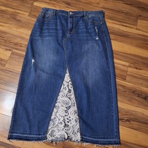 Boho cottage festival western Denim jean midi to maxi skirt with lace details
